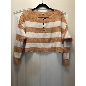 American Eagle Women’s Striped Boxy Button Knit Cropped Sweater Size M Tan White